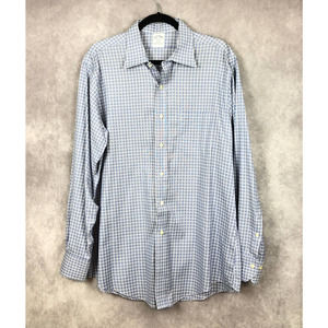 Bobbie Brooks Shirt Mens 16.5 Slim‎ Fit No Iron Stretch Plaid Blue White Cotton